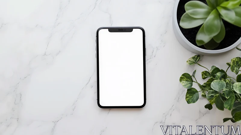 Smartphone with blank screen on marble desk with plants