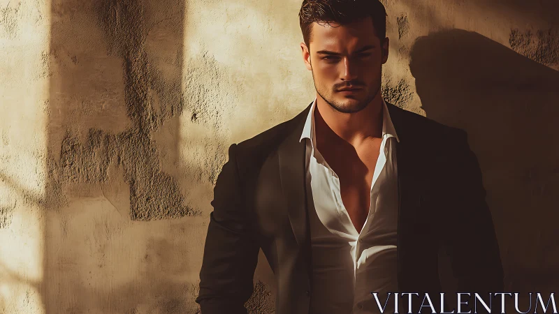 Moody male portrait in cinematic side lighting against textured wall