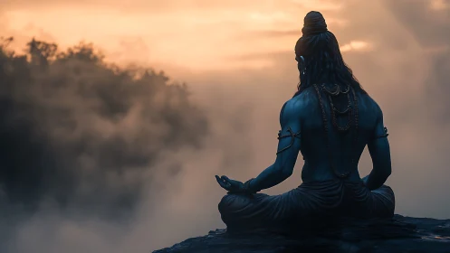 Blue-skinned figure meditating on cliff above mist at dawn.