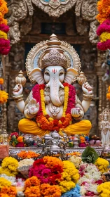 Golden Ganesha amid marigold thunder and temple shimmer.