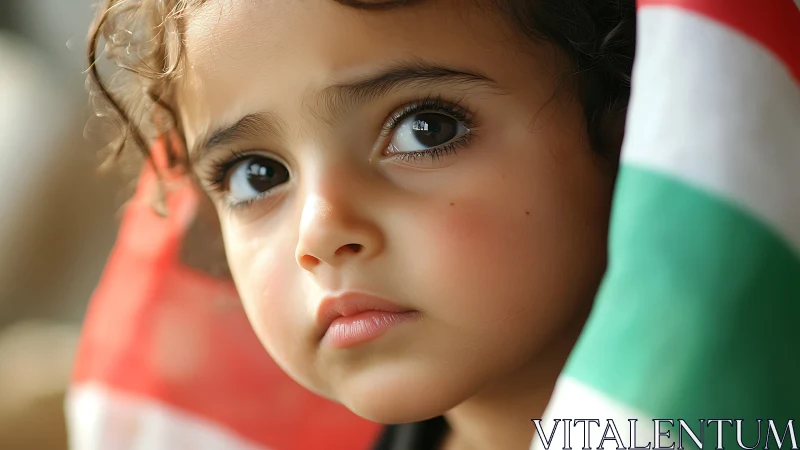 Child Portrait with Tricolor Flag: Warm Natural Light, Curly Hair Detail