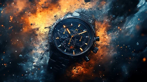 Chronograph watch exploding through cinematic fire and smoke.