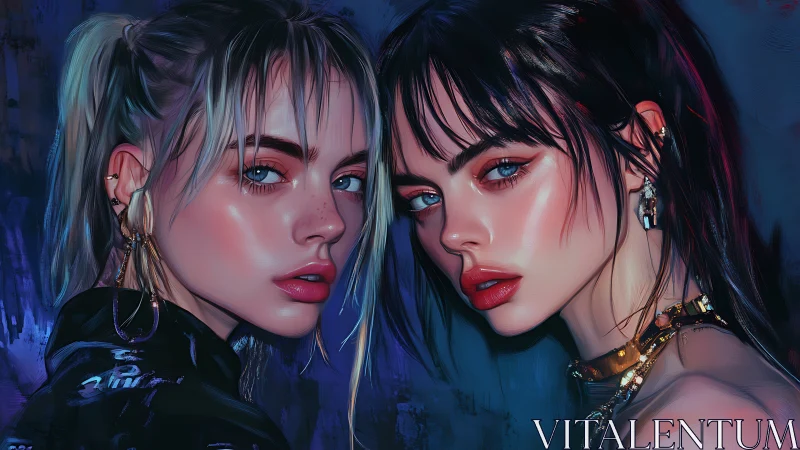 Glimmering twin muses sharing a bold midnight gaze.