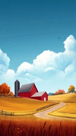 Golden fields and red barn beneath towering autumn clouds.