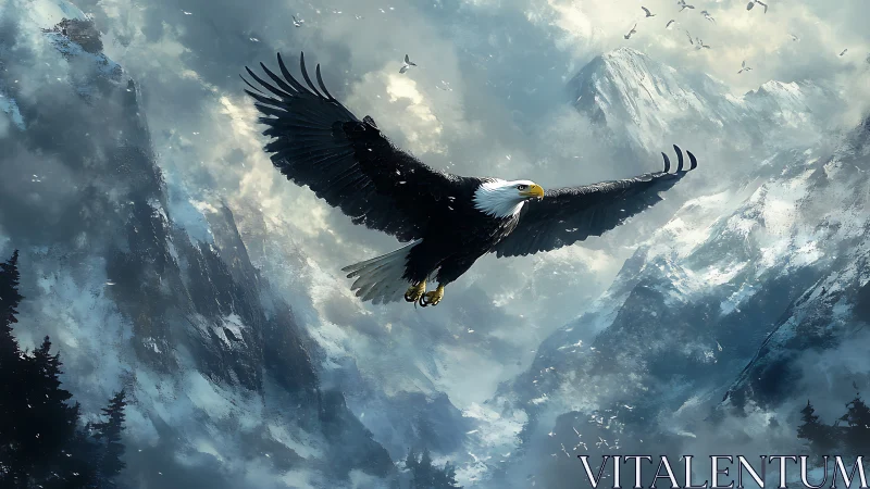 Majestic bald eagle soaring over snowy mountain landscape in realism.