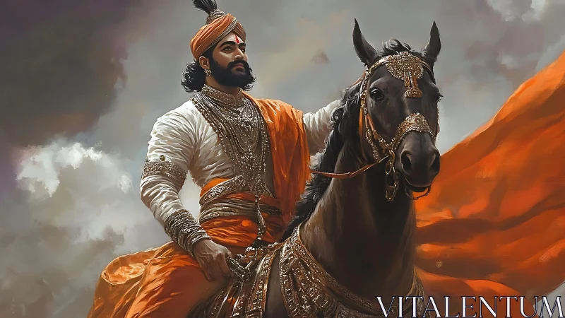 Storm-lit warrior prince steadies his jeweled black steed