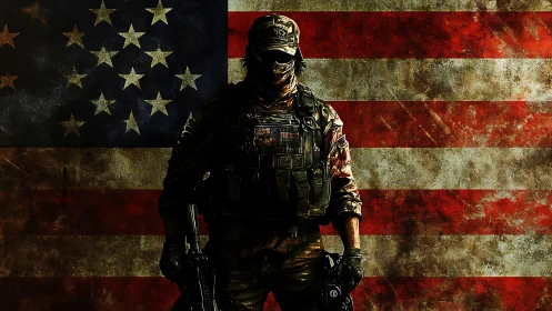 Armed soldier silhouette in front of worn US flag backdrop.