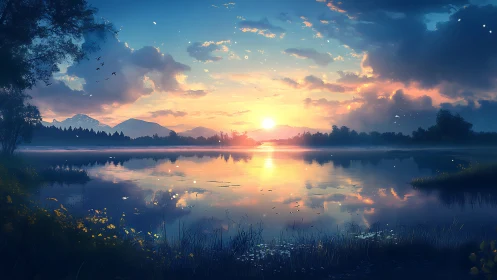 Sunrise over calm reflective lake with distant tree line.