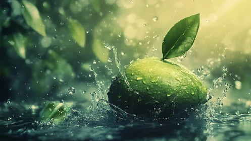 Macro green lime splashing in water with dynamic droplets