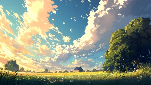 Sunlit rural meadow under expansive cumulus sunset sky