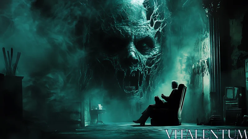 Elderly figure confronts colossal spectral skull in decayed room