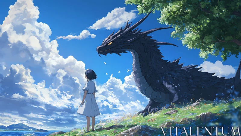 Girl and black dragon share a quiet skyward moment by sea.