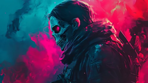 Tactical skull-masked operative in neon cyan magenta vapor cloud