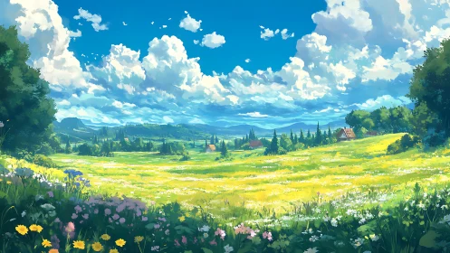 Spring clouds drift lazily above a storybook meadow
