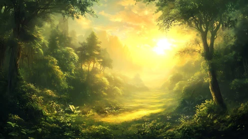 Golden Woodland Gateway: Sunlit Passage Through Ancient Forest Mist.