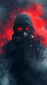 Cyberpunk gasmask operative in red backlit vapor field.