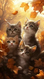 Four Kittens in Autumn Gold Enchanted Forest.