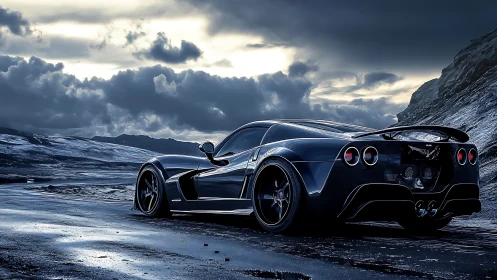 Midnight supercar poised on wet coastal mountain road.