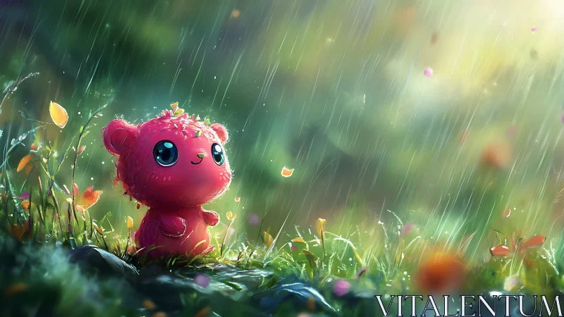 Tiny pink forest guardian listens to the rain&rsquo;s bright secrets