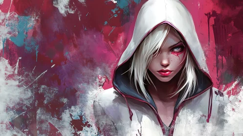 Hooded white haired character before abstract paint field.