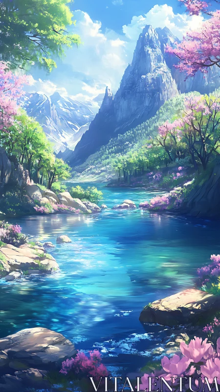 Mountain river valley with flowering trees under clear sky