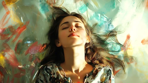 Young woman resting against abstract colorful background.