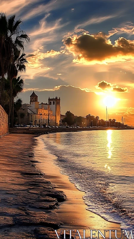 Photorealistic coastal promenade at golden hour sunset scene.