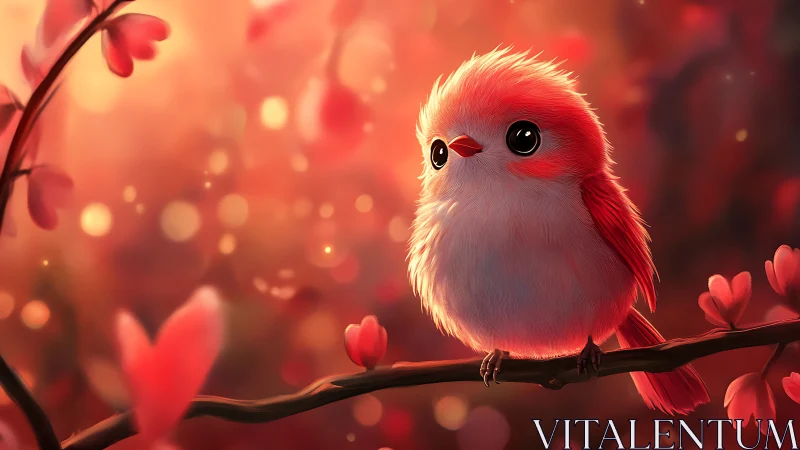 Adorable Cartoon Bird on Branch in Warm Glowing Fantasy Style.