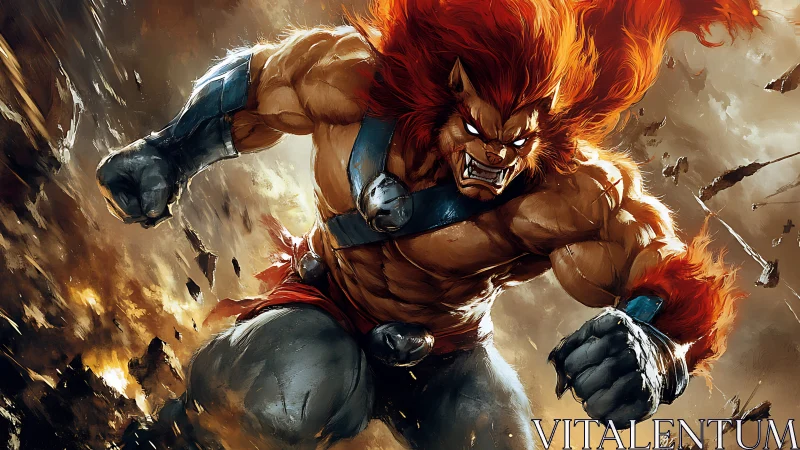 Rampaging lion-warrior detonates earth with primal fury.