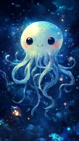 Bioluminescent cartoon jellyfish in stylized deep sea space.