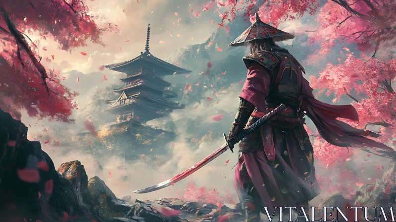 Samurai warrior before pagoda in cherry blossom landscape.