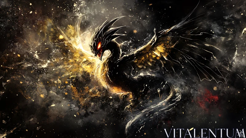 Fierce cosmic dragon bursts from swirling golden starlight