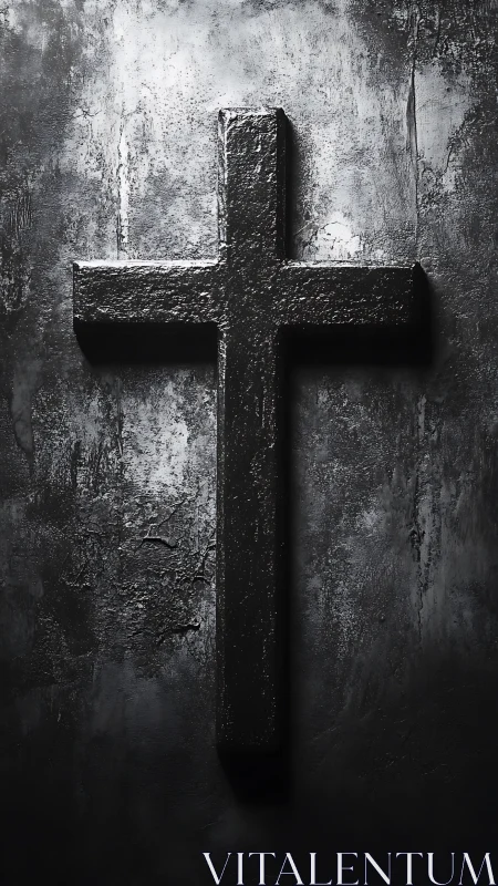 Textured black cross on worn dark concrete wall.