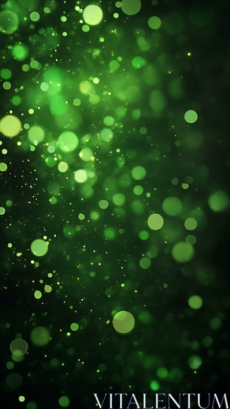 Defocused emerald bokeh field with floating luminous particles