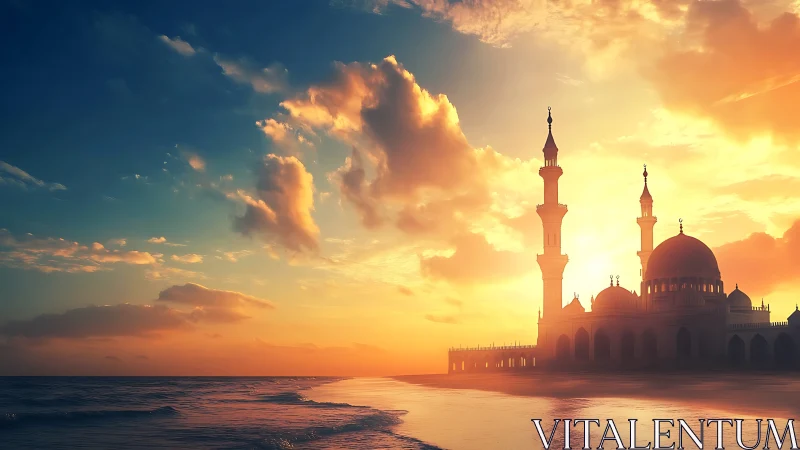 Coastal mosque silhouette against low sun over calm sea.