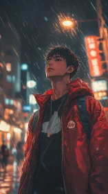 Rainlit dreamer walks through neon-soaked midnight streets.