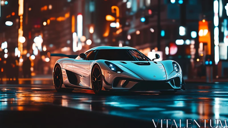 Sleek white supercar gliding through neon city rainlight.