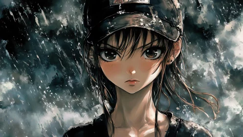 Determined anime girl in rain with cap and wet hair.
