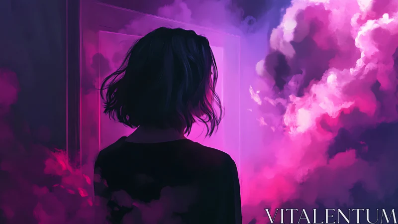 Backlit silhouette confronts neon magenta cinematic cloud portal