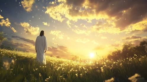 Robe-clad figure crossing sunlit meadow at radiant dawn.