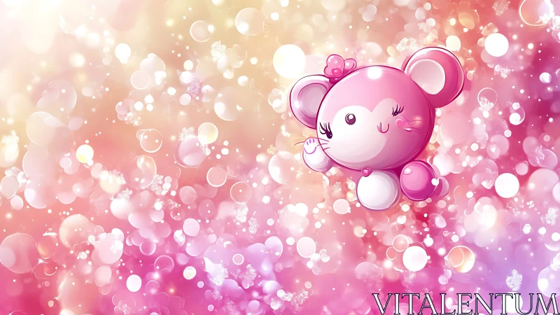 Bubble-bright pink mouse drifts through sugar-sparkle sky.