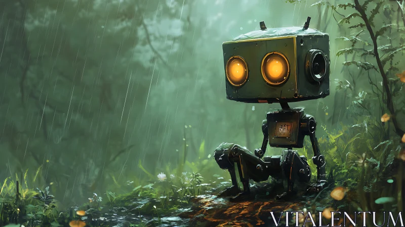 Lonely little forest robot resting softly in the rain.