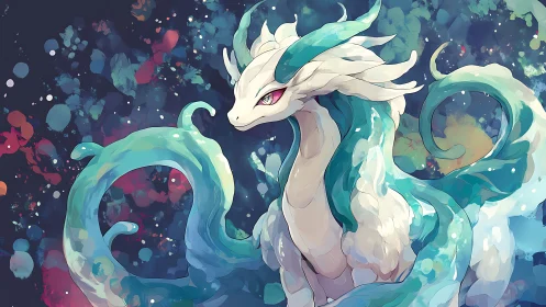 Aqueous serpentine dragon amid nebular chromatic diffusion.