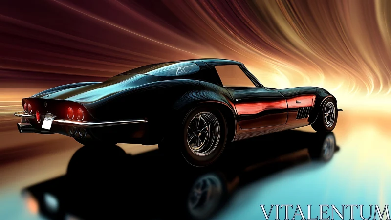 Retro black sports car in luminous motion blur tunnel scene.
