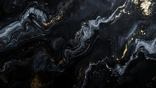 Abstract black marble texture with gold and white fluid swirls.