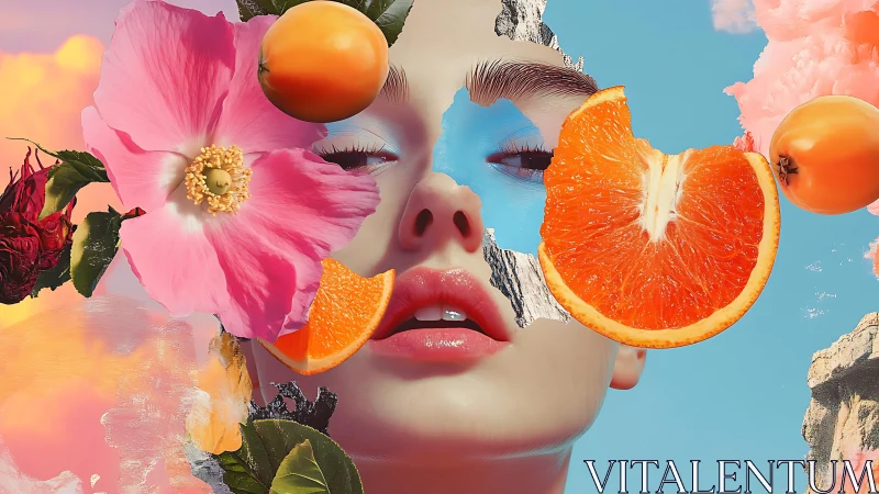 Surreal female portrait merges fruit, flowers, and sky dreamily