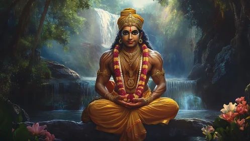 Divine warrior meditates before luminous jungle waterfall.