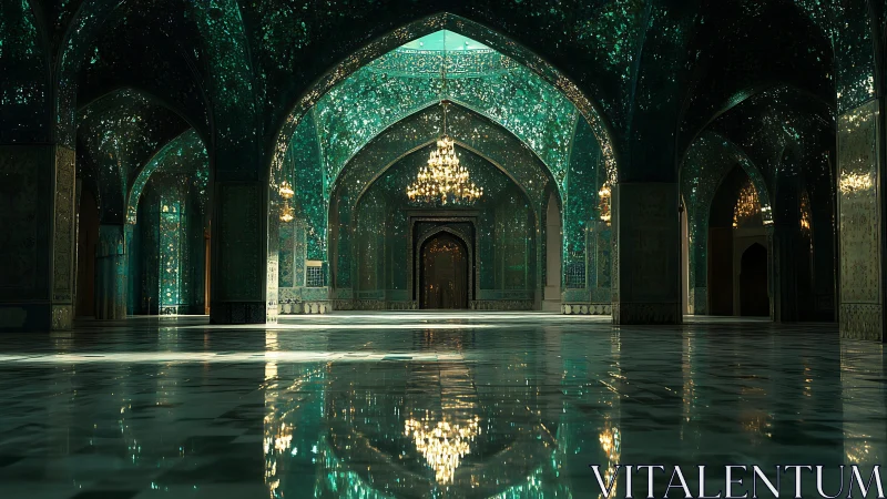 Iridescent mirrored mosque interior with vaulted arches and chandeliers.
