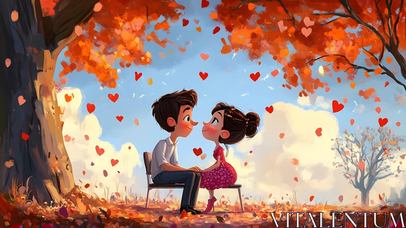 Autumn Romance: Couple Under Falling Hearts