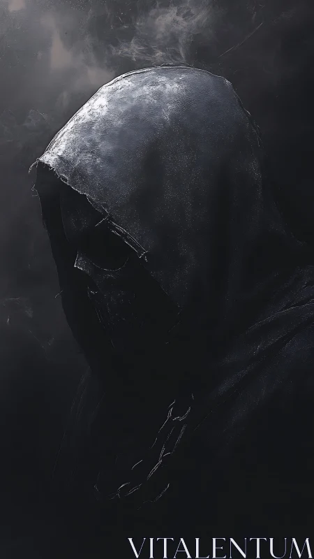 Hooded skeletal figure rendered in dark atmospheric lighting